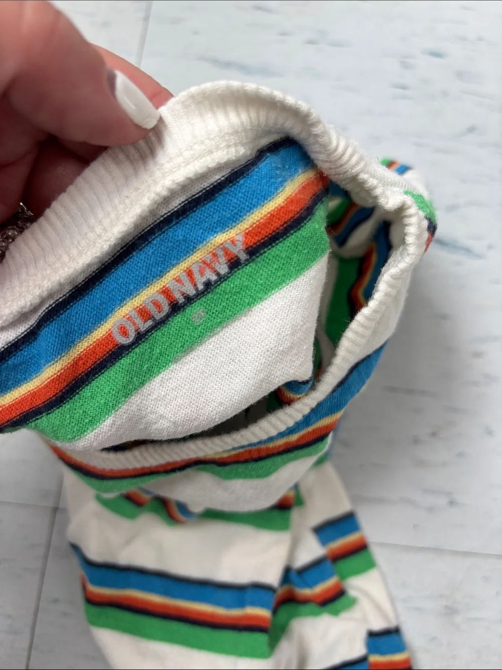 Striped Crewneck Kids Tee in White, Green & Blue - Unbranded
